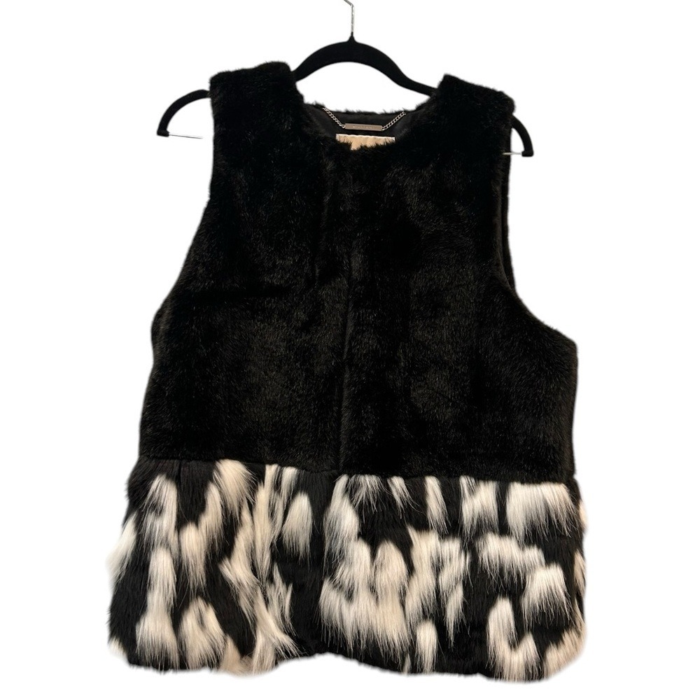 Michael‎ Kors Faux Fur Vest Black White Cow Print Patchwork Chain Detail Size M